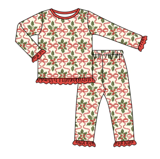 7.26 Preorder(moq 5) Baby Girls Long Ruffle Sleeves Red Bows Holly Plaid Top Pants Pajamas Set
