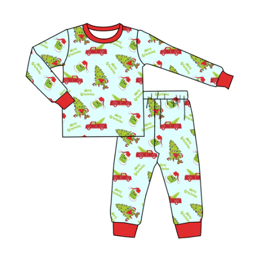 7.26 Preorder(moq 5) Baby Boys Long Sleeves Trucks Trees Green Face Top Pants Pajamas Set