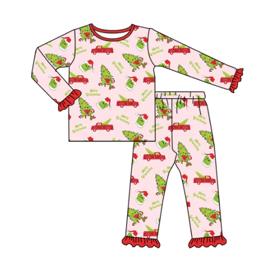 7.26 Preorder(moq 5) Baby Girls Long Ruffle Sleeves Trucks Trees Green Face Top Pants Pajamas Set