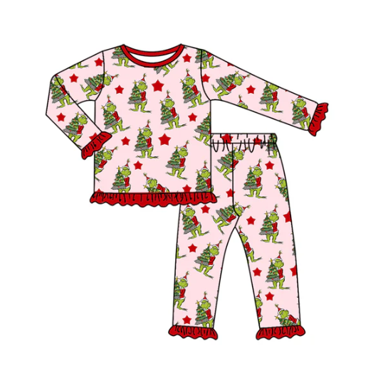 7.26 Preorder(moq 5) Baby Girls Long Ruffle Sleeves Christmas Trees Green Face Top Pants Pajamas Set