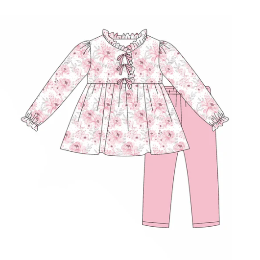 7.26 Preorder(moq 5) Baby Girls Long Ruffle Sleeves Pink Flowers Tunic Legging Pants Set