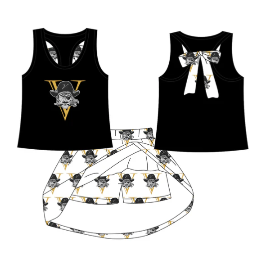 7.28 Preorder (moq 5)Baby Girls V Black bow vest team Top Skirt Skort Sets