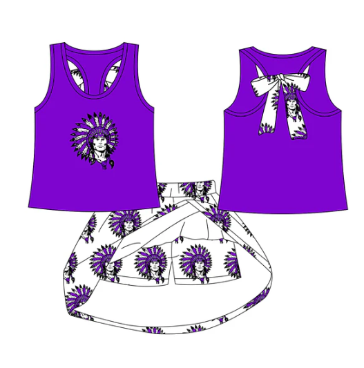 7.28 Preorder (moq 5)Baby Girls Purple Indians bow vest team Top Skirt Skort Sets