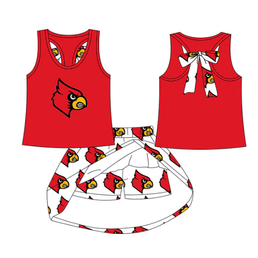 7.28 Preorder (moq 5)Baby Girls Red Bird bow vest team Top Skirt Skort Sets