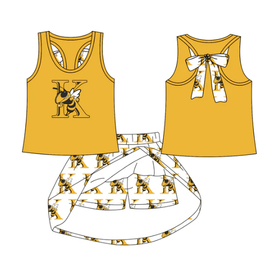 7.28 Preorder (moq 5)Baby Girls K Honey Bee bow vest team Top Skirt Skort Sets