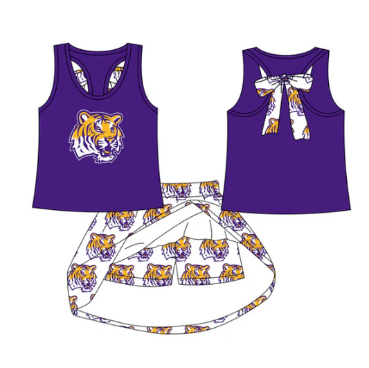7.28 Preorder (moq 5)Baby Girls LSU Tiger bow vest team Top Skirt Skort Sets