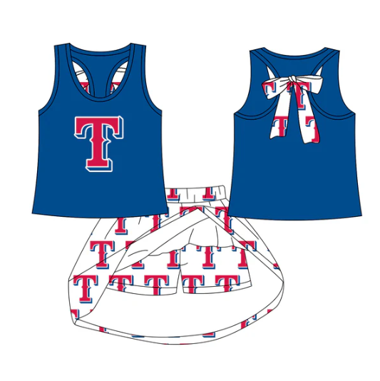 7.28 Preorder (moq 5)Baby Girls Texas Blue bow vest team Top Skirt Skort Sets