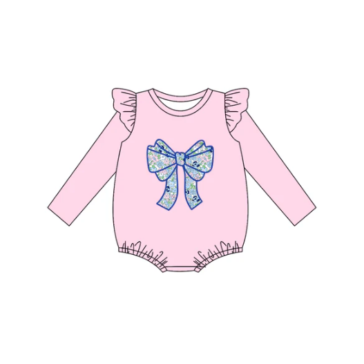 7.28 preorder(moq 5)Baby Infant Girls Pink Floral Bow Flutter Sleeve Long Sleeve Rompers