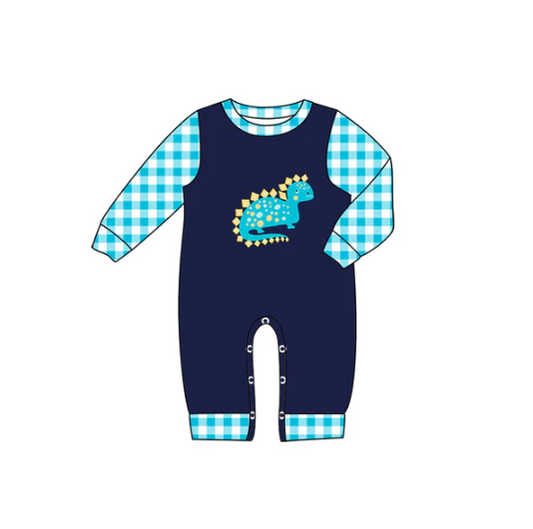 7.28 preorder(moq 5)Baby Infant Boys Navy Dinosaurs Checkered Long Sleeve Rompers