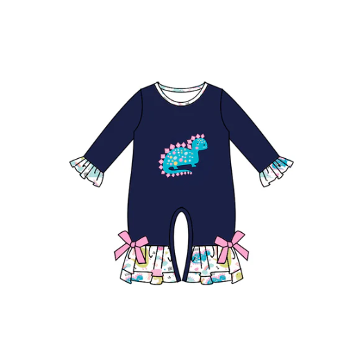 7.28 preorder(moq 5)Baby Infant Girls Navy Dinosaurs Ruffles Long Sleeve Rompers