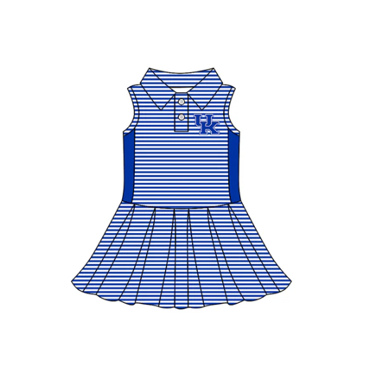 7.28 Preorder (moq 5)Baby Girls Sleeveless bLUE Stripe Button UK Team Knee Length Dresses