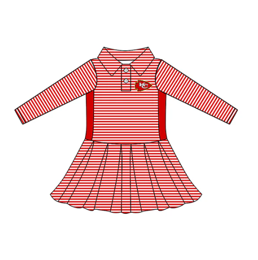 7.28 Preorder (moq 5)Baby Girls Long Sleeve Stripe Button KC Team Knee Length Dresses