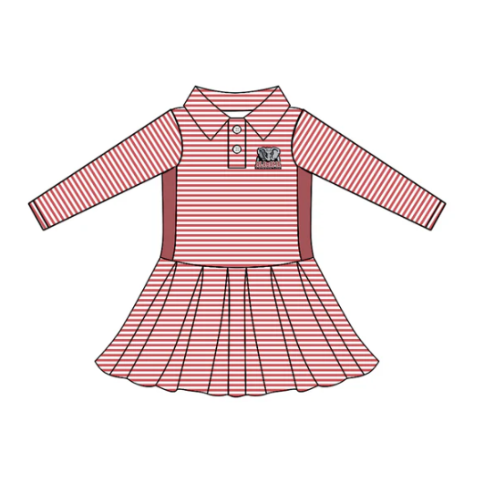7.28 Preorder (moq 5)Baby Girls Long Sleeve Stripe Button Alabama Team Knee Length Dresses
