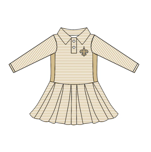 7.28 Preorder (moq 5)Baby Girls Long Sleeve Stripe Button Saint Team Knee Length Dresses