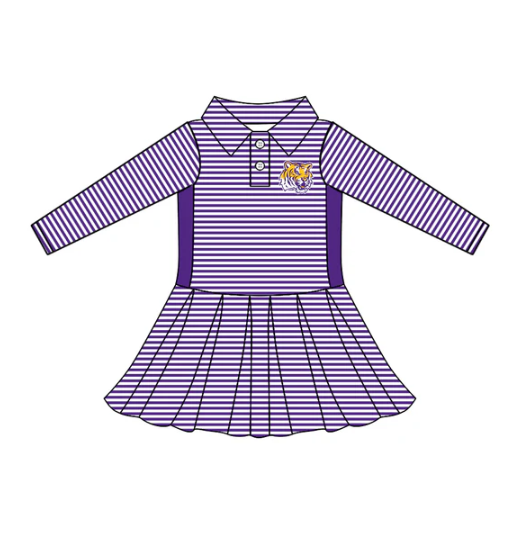 7.28 Preorder (moq 5)Baby Girls Long Sleeve Stripe Button LSU Tiger Team Knee Length Dresses