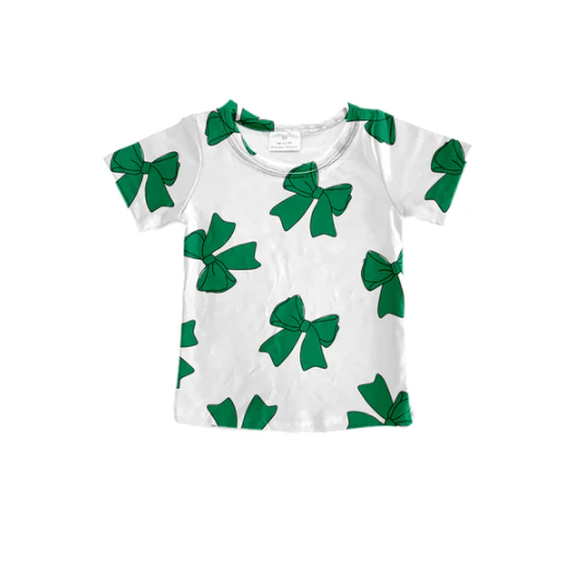7.28 Preorder (moq 5)Baby Girls Green Bows Short Sleeve Tee Shirts Tops