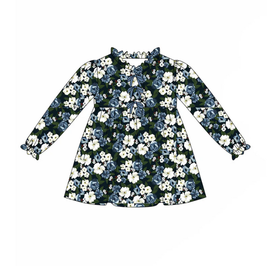 7.28 Preorder(moq 5) Baby Girls Long Ruffle Sleeves Hot Blue Floral Knee Length Dresses