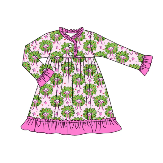 7.28Preorder(moq 5) Baby Girls Long Ruffle Sleeves Holly Bows Plaid Button Knee Length Dresses