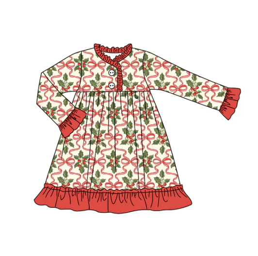 7.28 Preorder(moq 5) Baby Girls Long Ruffle Sleeves Red Bows Holly Plaid Button Knee Length Dresses