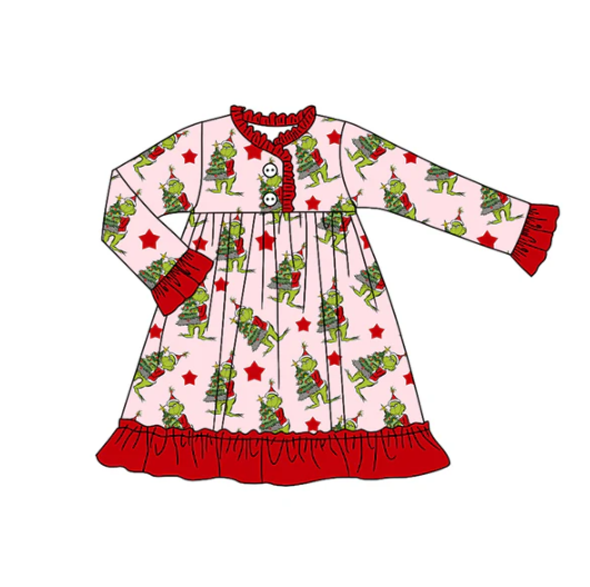 7.28 Preorder(moq 5) Baby Girls Long Ruffle Sleeves Christmas Trees Green Faces Button Knee Length Dresses
