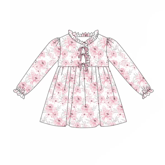 7.28 Preorder(moq 5) Baby Girls Long Ruffle Sleeves Pink Flowers Knee Length Dresses