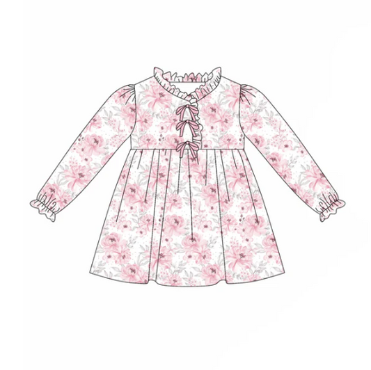 7.28 Preorder(moq 5) Baby Girls Long Ruffle Sleeves Pink Flowers Knee Length Dresses