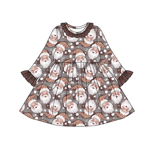 7.28 Preorder(moq 5) Baby Girls Brown Long Ruffle Sleeves Santa Plaid Knee Length Dresses