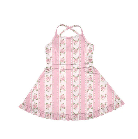 7.28 Preorder(moq 5) Baby Girls Strap Pink Flower Stripe Shorts Ruffle Knee Length Dresses