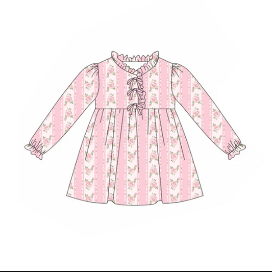 7.28 Preorder(moq 5) Baby Girls Long Ruffle Sleeves Pink Flower Stripe Knee Length Dresses
