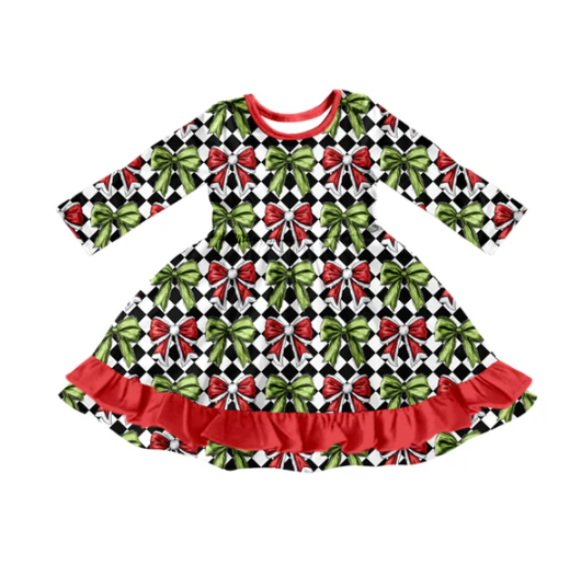 7.28 Preorder(moq 5) Baby Girls Long Sleeves Green Red Bows Plaid Ruffle Knee Length Dresses