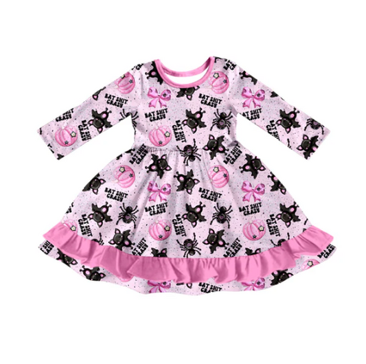 7.28 Preorder(moq 5) Baby Girls Long Ruffle Sleeves Bats Pumpkins Plaid Button Knee Length Dresses