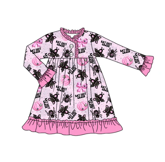 7.28 Preorder(moq 5) Baby Girls Long Ruffle Sleeves Bats Pumpkins Plaid Button Knee Length Dresses