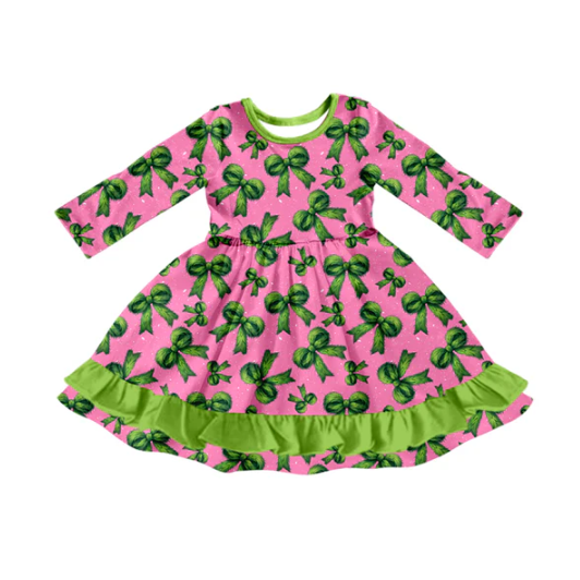 7.28 Preorder(moq 5) Baby Girls Long Sleeves Green Bows Plaid Ruffle Knee Length Dresses