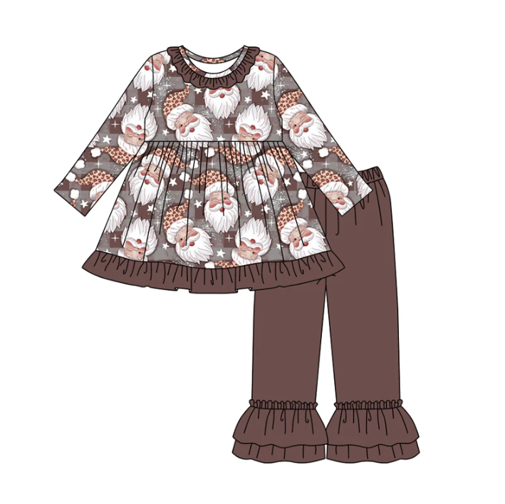 7.29 Preorder(moq 5) Baby Girls Brown Long Sleeves Santa Plaid Tunic Ruffle Pants Set