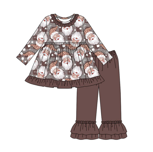 7.29 Preorder(moq 5) Baby Girls Brown Long Sleeves Santa Plaid Tunic Ruffle Pants Set