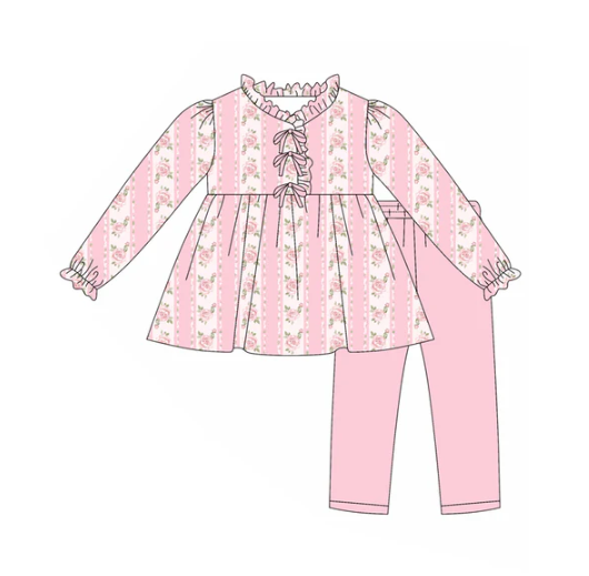 7.29 Preorder(moq 5) Baby Girls Long Sleeves Pink Flowers Stripe Top Pants Pajamas Set