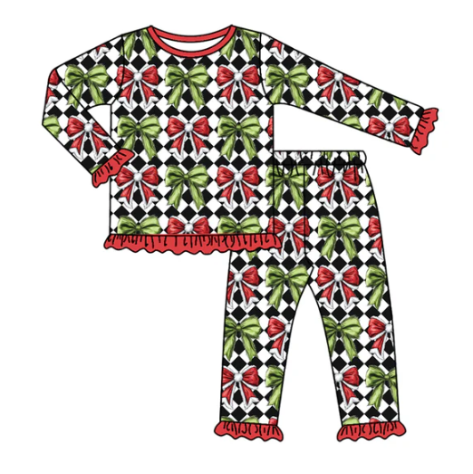 7.29 Preorder(moq 5) Baby Girls Long Ruffle Sleeves Green Red Bows Plaid Top Pants Pajamas Set