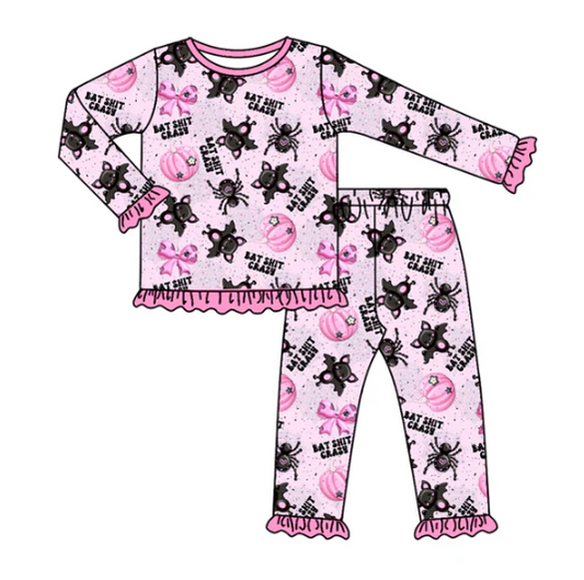 7.29 Preorder(moq 5) Baby Girls Long Ruffle Sleeves Bat Pumpkins Plaid Top Pants Pajamas Set