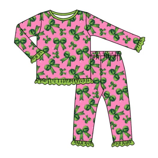 7.29 Preorder(moq 5) Baby Girls Long Ruffle Sleeves Green Bows Plaid Top Pants Pajamas Set