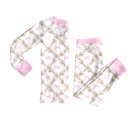 7.29 Preorder(moq 5) Baby Girls Long Sleeves Pink Bows Flowers Plaid Top Pants Pajamas Set