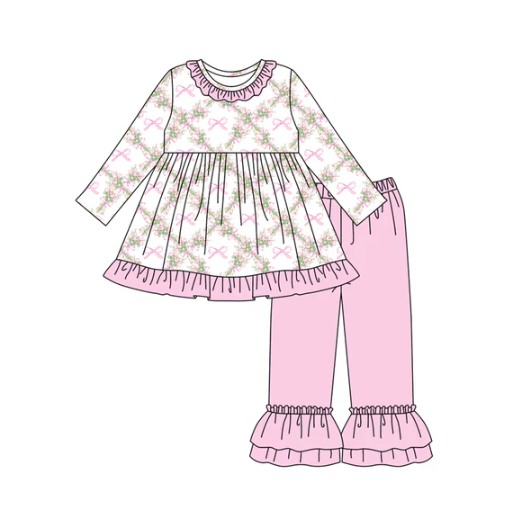 7.29 Preorder(moq 5) Baby Girls Long Sleeves Pink Bows Flowers Plaid Tunic Ruffle Pants Set