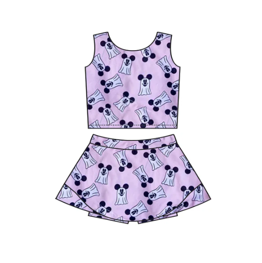7.29 Preorder (moq 5)Baby Girls Sleeveless Cartoon Mouses Ghost Vest Top Skorts Set