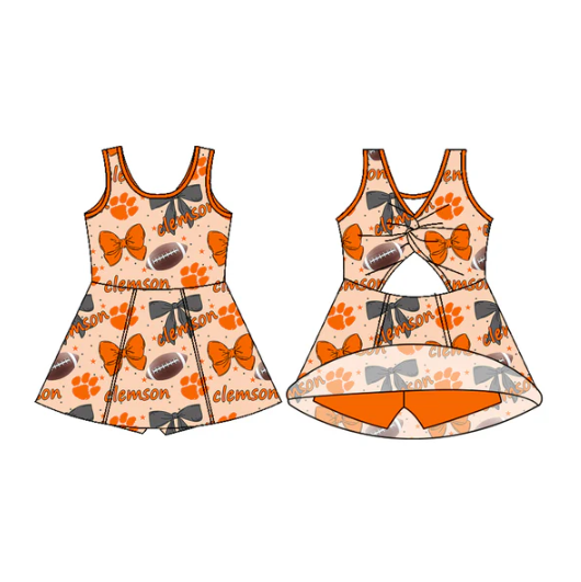 7.29 Preorder (moq 5)Baby Girls Sleeveless Bows Footballs Clemson Shorts Team Knee Length Dresses