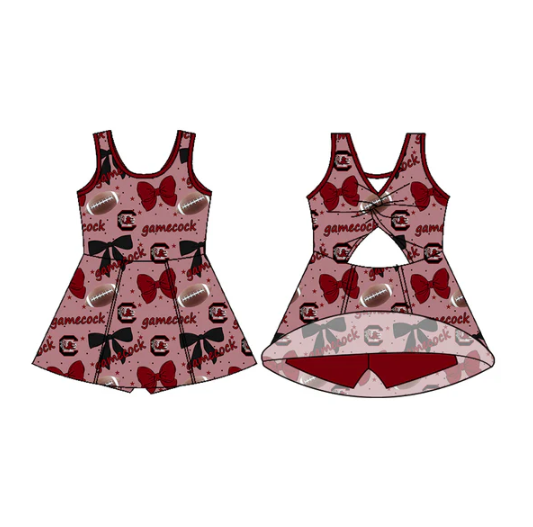7.29 Preorder (moq 5)Baby Girls Sleeveless Bows Footballs Gamecock Shorts Team Knee Length Dresses