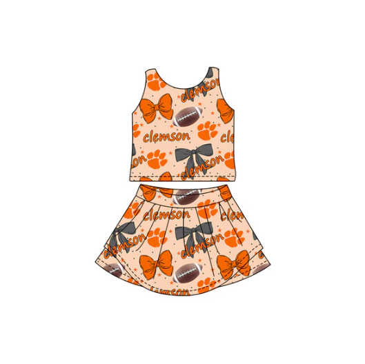 7.29 Preorder (moq 5)Baby Girls Sleeveless Team Clemson Footballs Bows Vest Top Skorts Set Regular price$10.50 USD