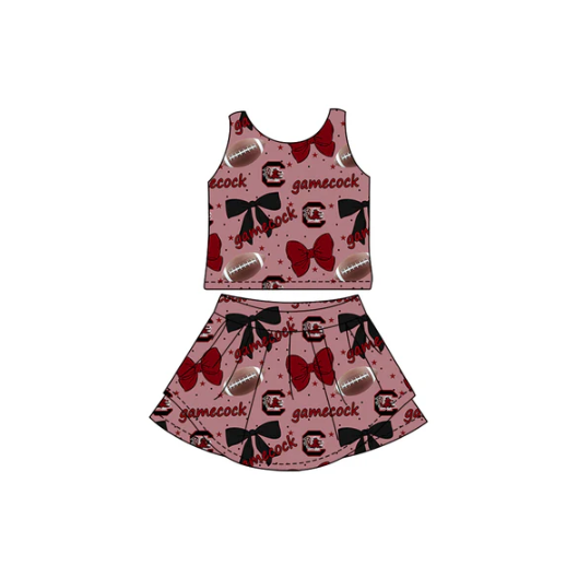 7.29 Preorder (moq 5)Baby Girls Sleeveless Team Gamecock Bows Plaid Vest Top Skorts Set
