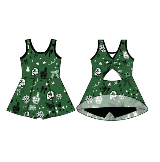 7.29 Preorder (moq 5)Baby Girls Sleeveless Green Cheerleader Football Team Shorts Dresses