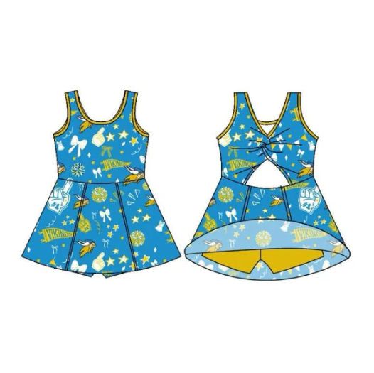 7.29 Preorder (moq 5)Baby Girls Sleeveless Vikings Bows Football Team Shorts Dresses