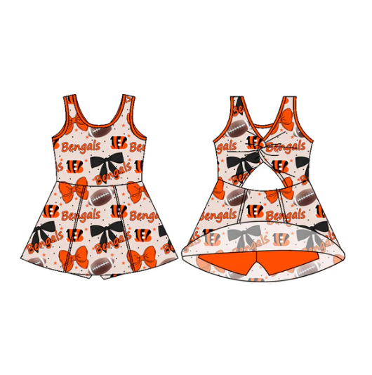 7.29 Preorder (moq 5)Baby Girls Sleeveless Footballs Bows Bengals Shorts Team Knee Length Dress