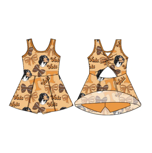 7.29 Preorder (moq 5)Baby Girls Sleeveless Football Bows Dogs T Shorts Team Knee Length Dress